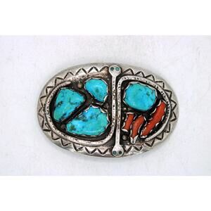 Effie C. Zuni Sterling Silver Turquoise and Coral Belt Buckle
